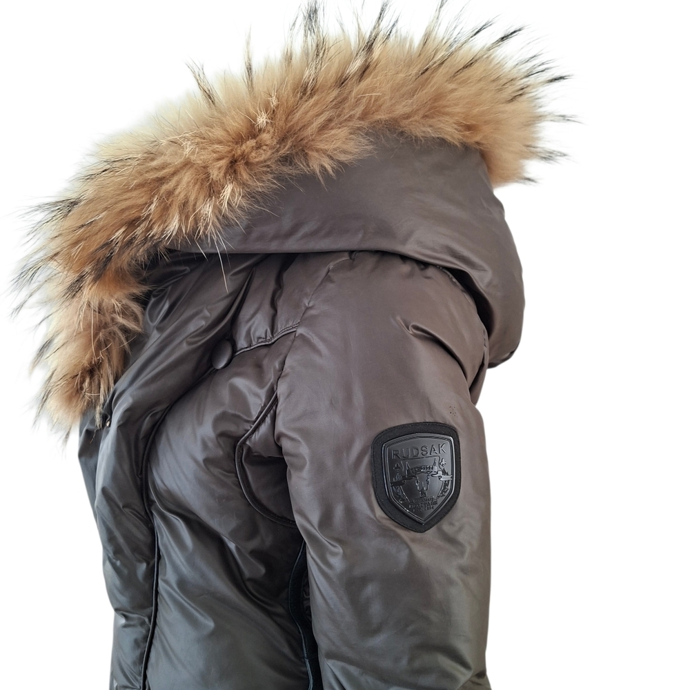 Rudsak Feathers Down Leather Women's Winter Coat Real Fur khaki brown - Picture 6 of 16